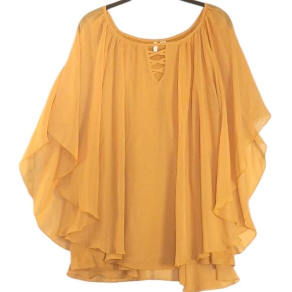 Vintage Golden Yellow Lattice Draped Chiffon Overlay Capelet Pullover Top 20 W - Picture 1 of 8